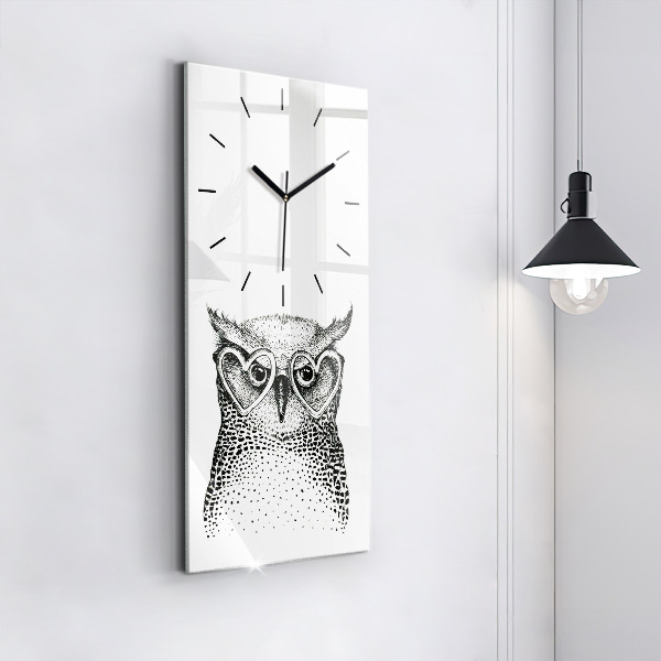 Ceas vertical de perete din sticlă O bufniță de desene animate cu ochelari