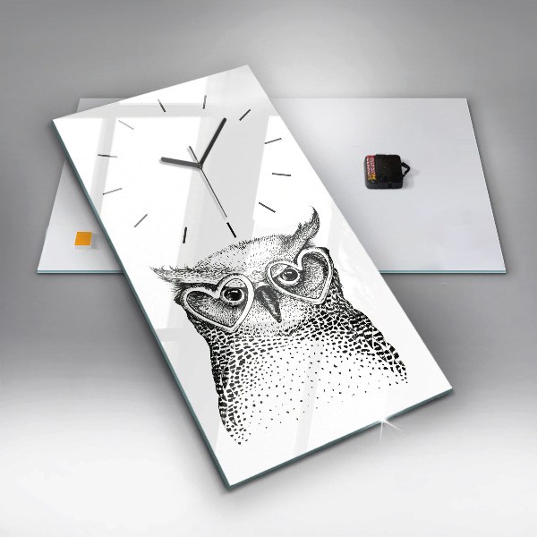 Ceas vertical de perete din sticlă O bufniță de desene animate cu ochelari