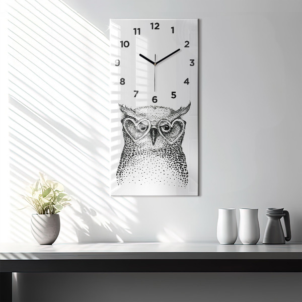 Ceas vertical de perete din sticlă O bufniță de desene animate cu ochelari