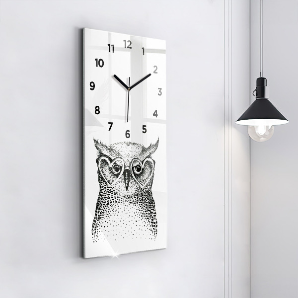 Ceas vertical de perete din sticlă O bufniță de desene animate cu ochelari