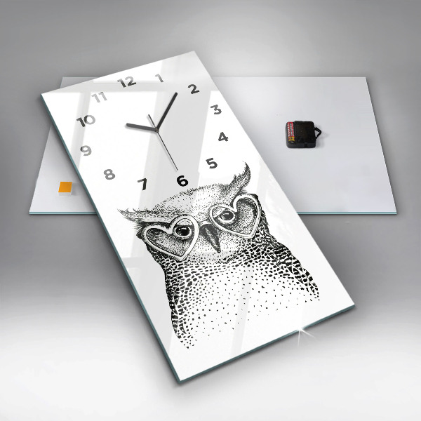 Ceas vertical de perete din sticlă O bufniță de desene animate cu ochelari