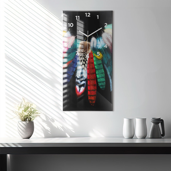 Ceas vertical de perete din sticlă Pene de păsări colorate