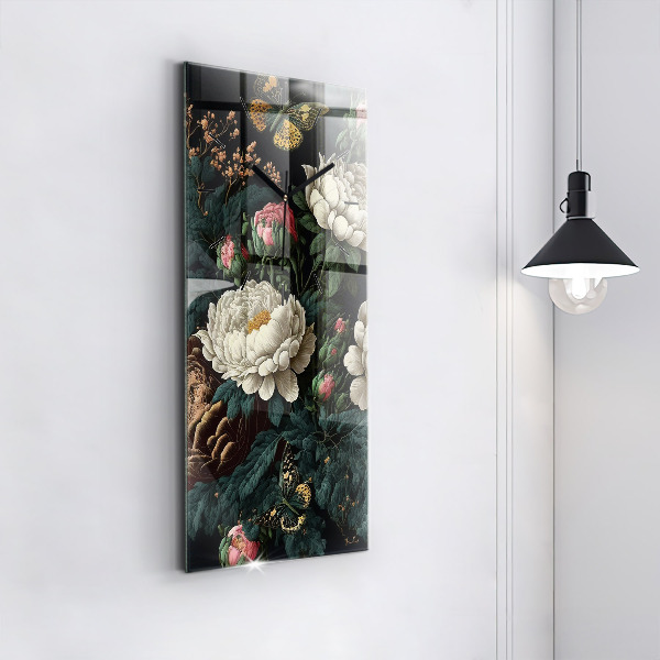 Ceas vertical de perete din sticlă Floare și fluturi aurii