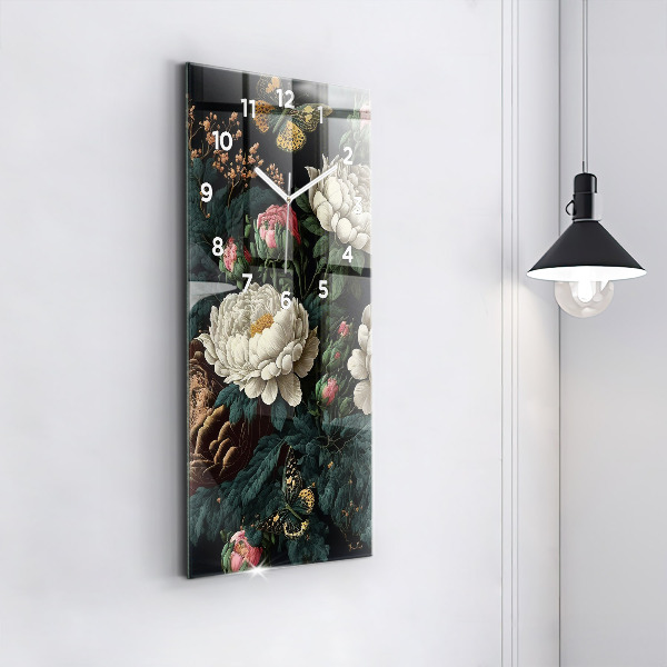 Ceas vertical de perete din sticlă Floare și fluturi aurii