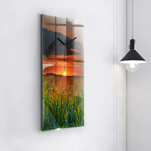 Ceas vertical de perete din sticlă Floarea soarelui în pajiște