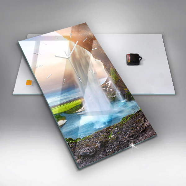 Ceas vertical de perete din sticlă Cascada în Islanda