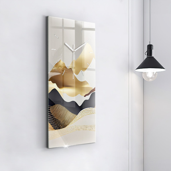 Ceas vertical de perete din sticlă Munți de aur abstracti