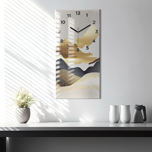Ceas vertical de perete din sticlă Munți de aur abstracti