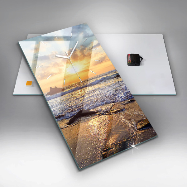 Ceas vertical de perete din sticlă Apus de soare pe plajă