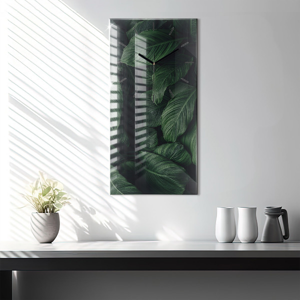 Ceas vertical de perete din sticlă Monstera tropicală