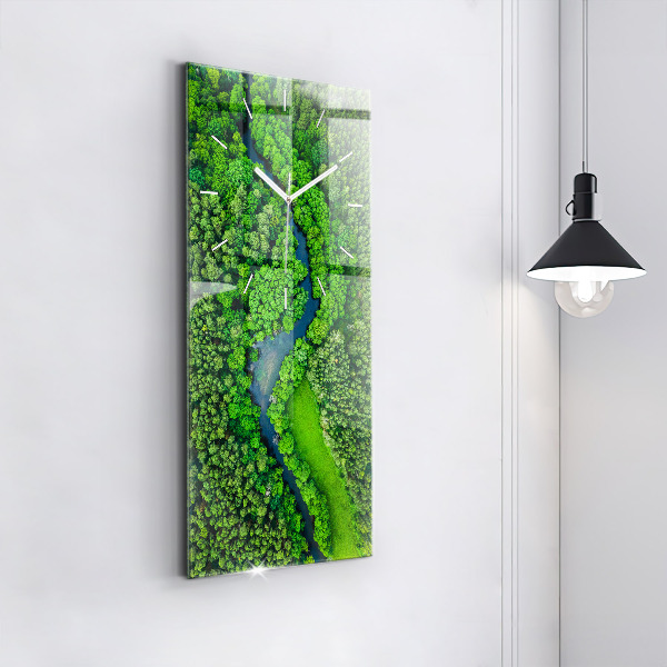 Ceas vertical de perete din sticlă Râu în pădure