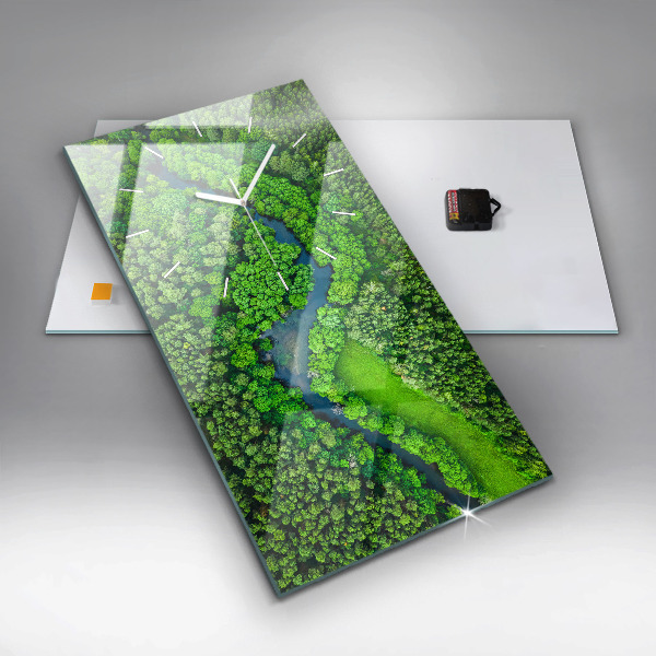 Ceas vertical de perete din sticlă Râu în pădure