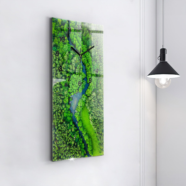 Ceas vertical de perete din sticlă Râu în pădure