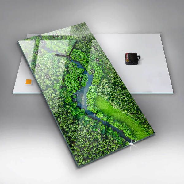 Ceas vertical de perete din sticlă Râu în pădure