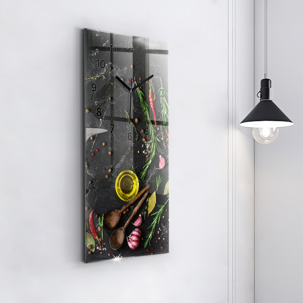 Ceas vertical de perete din sticlă Condimente pe blat