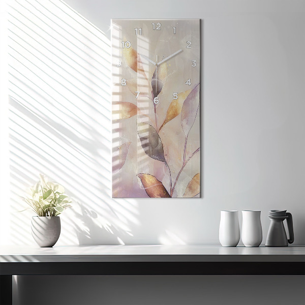 Ceas vertical de perete din sticlă Frunze boho abstracte