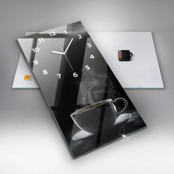 Ceas vertical de perete din sticlă O ceașcă de cafea neagră