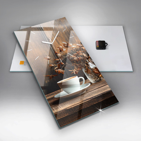 Ceas vertical de perete din sticlă O cană de cafea