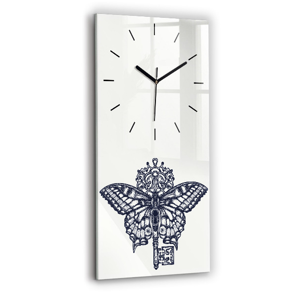 Ceas vertical de perete din sticlă Fluture și cheie - stil boho