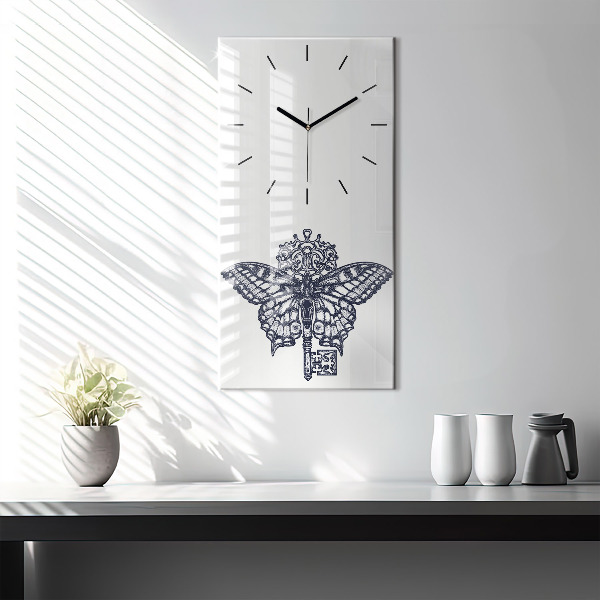 Ceas vertical de perete din sticlă Fluture și cheie - stil boho