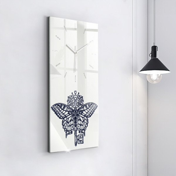 Ceas vertical de perete din sticlă Fluture și cheie - stil boho
