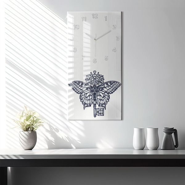 Ceas vertical de perete din sticlă Fluture și cheie - stil boho