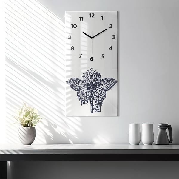 Ceas vertical de perete din sticlă Fluture și cheie - stil boho