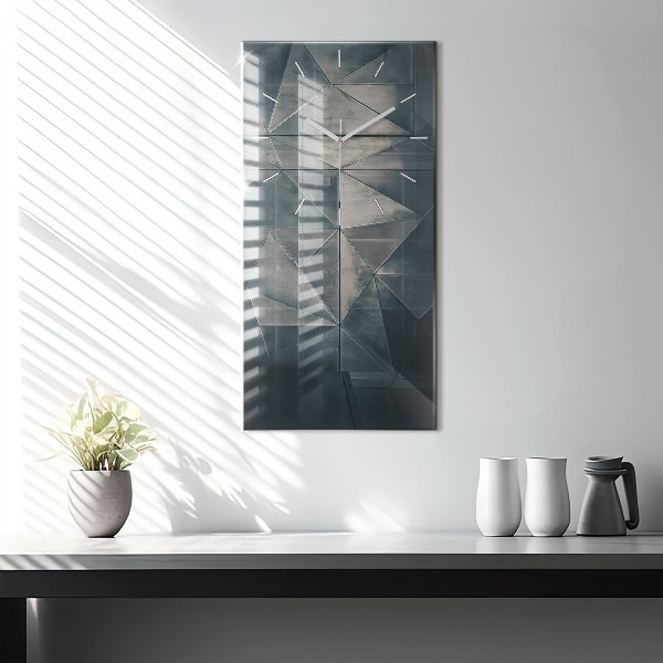 Ceas vertical de perete din sticlă Triunghiuri abstracte metalice