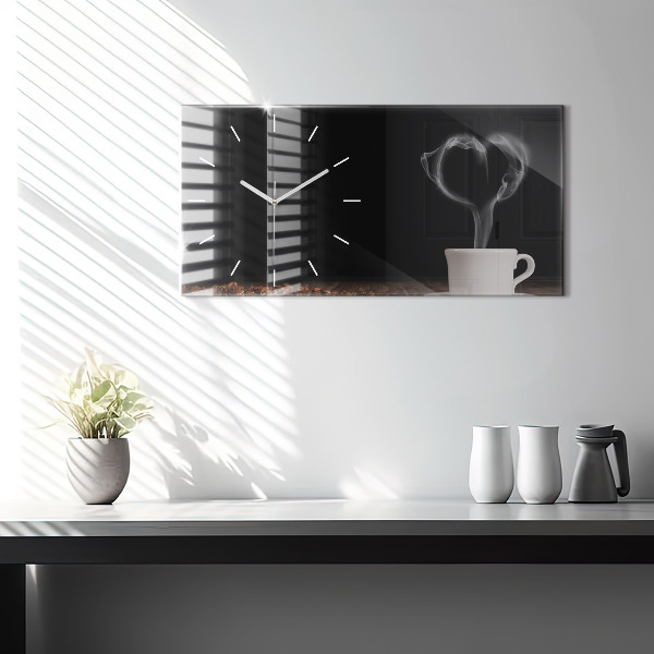 Ceas orizontale de perete din sticlă O ceașcă de cafea fierbinte