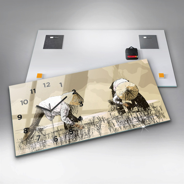 Ceas orizontale de perete din sticlă Femeie care culege orez