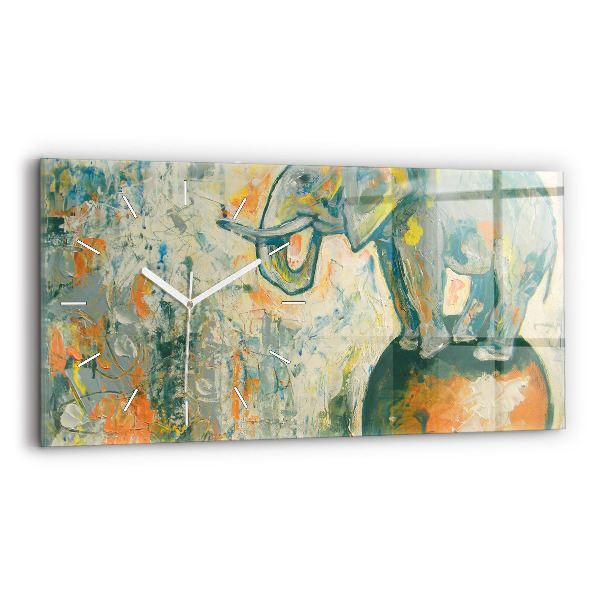 Ceas orizontale de perete din sticlă Poziția elefantului pictat