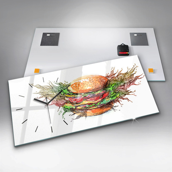 Ceas orizontale de perete din sticlă Burger cu brânză XXL
