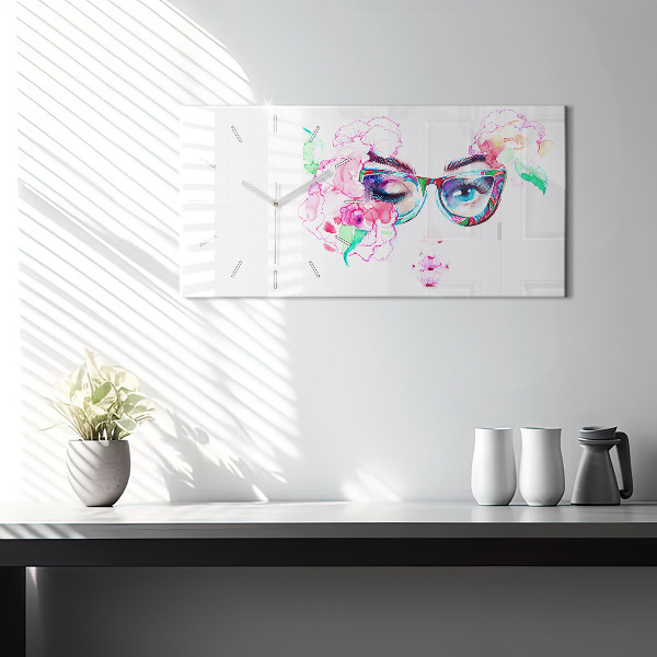 Ceas orizontale de perete din sticlă Chipul De Femeie Cu Ochelari