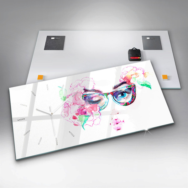 Ceas orizontale de perete din sticlă Chipul De Femeie Cu Ochelari