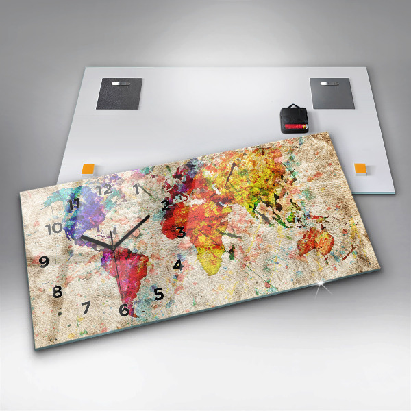 Ceas orizontale de perete din sticlă Harta lumii colorate