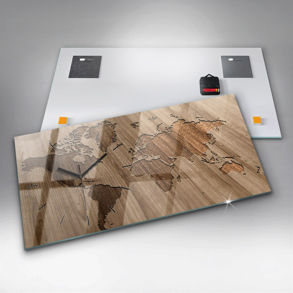 Ceas orizontale de perete din sticlă Harta lumii pe lemn
