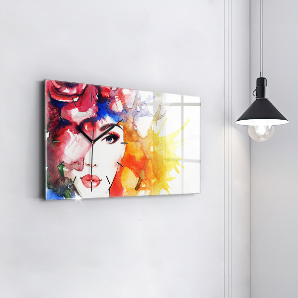 Ceas orizontale de perete din sticlă Portret de femeie colorat