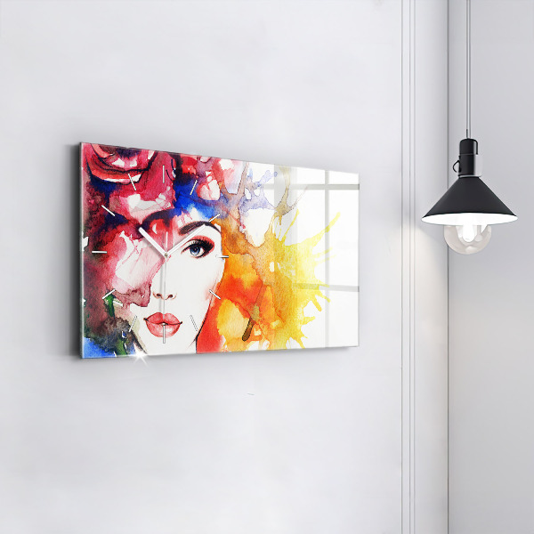 Ceas orizontale de perete din sticlă Portret de femeie colorat