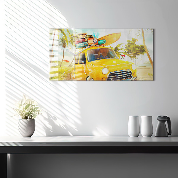 Ceas orizontale de perete din sticlă Mașină cu o placă de surf