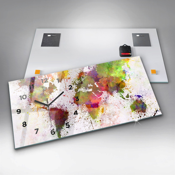 Ceas orizontale de perete din sticlă Harta lumii acuarela