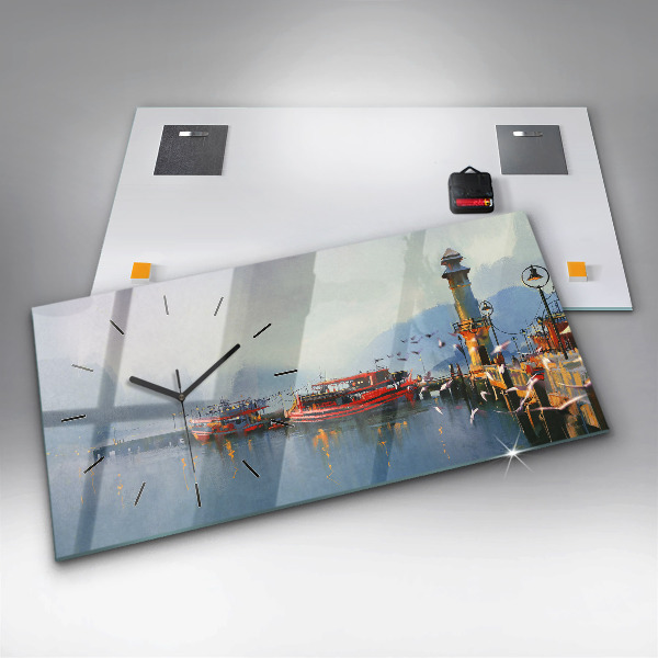 Ceas orizontale de perete din sticlă Barcă de pescuit în port