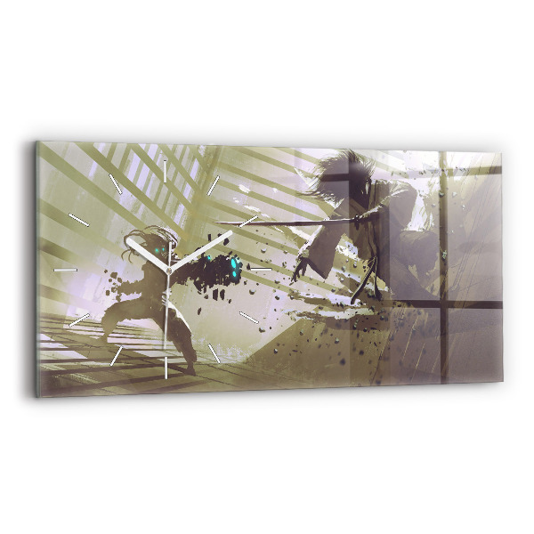 Ceas orizontale de perete din sticlă Robot și samurai se luptă