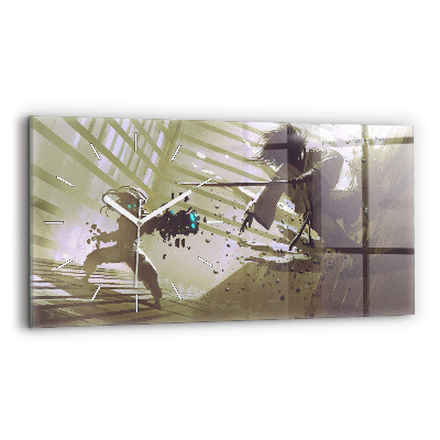 Ceas orizontale de perete din sticlă Robot și samurai se luptă