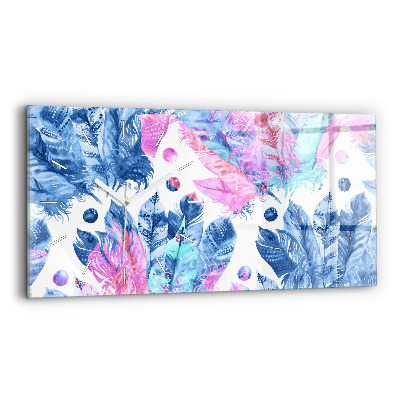 Ceas orizontale de perete din sticlă Pene colorate