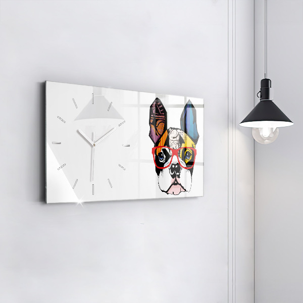 Ceas orizontale de perete din sticlă Bulldog francez cu ochelari