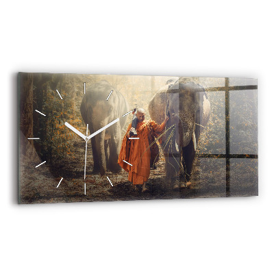 Ceas orizontale de perete din sticlă Un călugăr care conduce elefanți