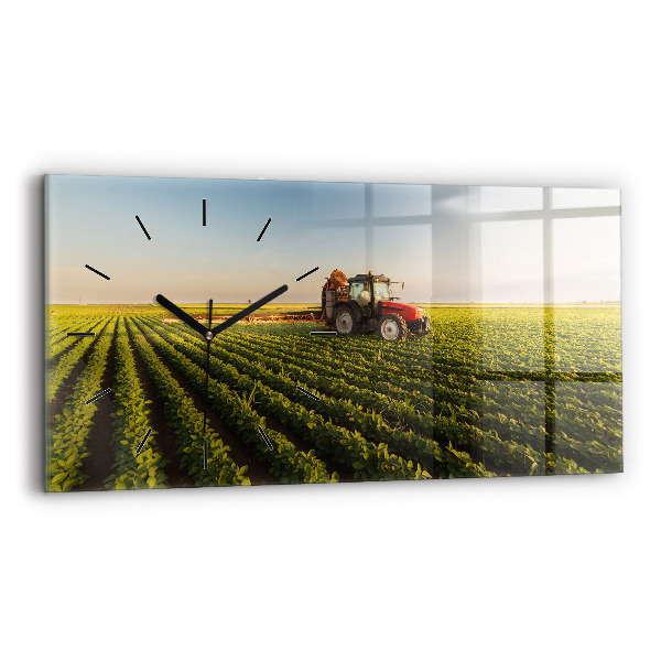 Ceas orizontale de perete din sticlă Tractorul pulverizează un câmp