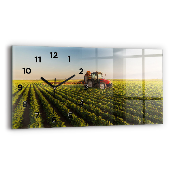 Ceas orizontale de perete din sticlă Tractorul pulverizează un câmp