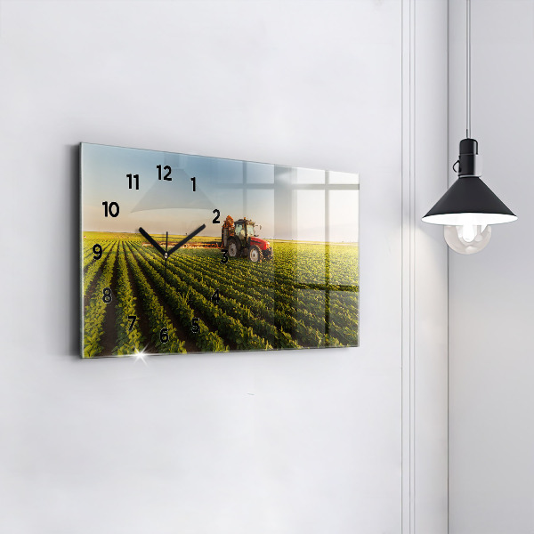 Ceas orizontale de perete din sticlă Tractorul pulverizează un câmp