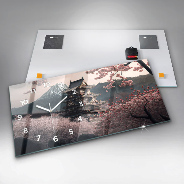 Ceas orizontale de perete din sticlă Turnul cu flori de cireș din Asia